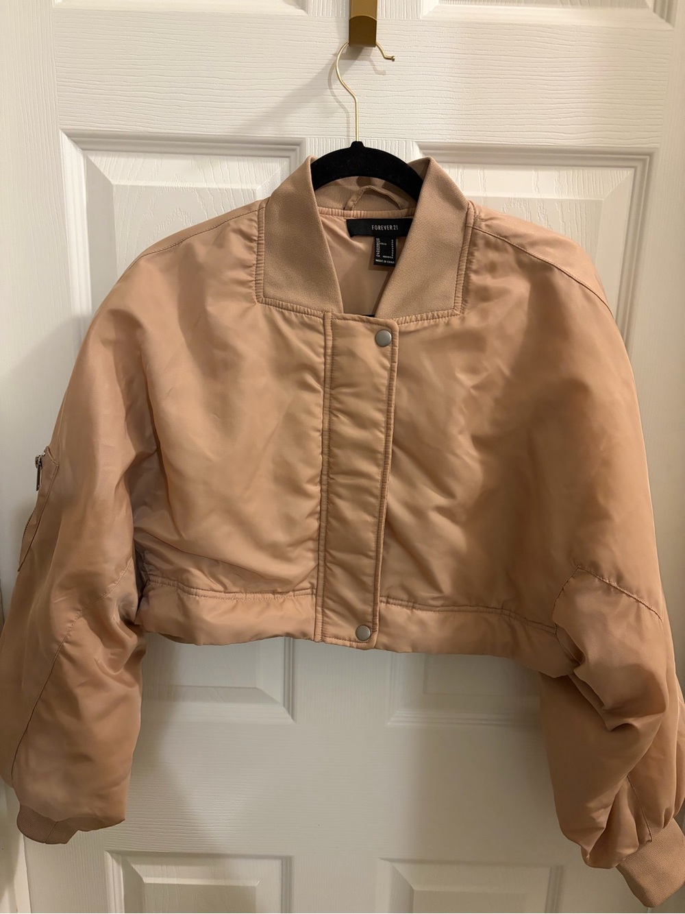 Forever 21 Cropped Satin Bomber Jacket - Nude Blush